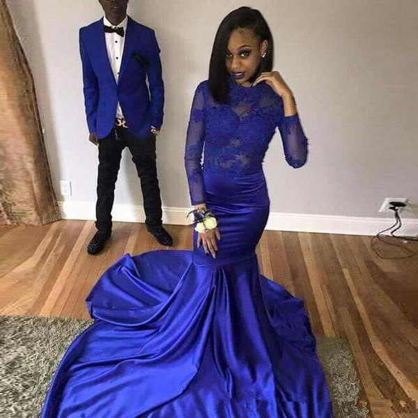 African Royal Blue Mermaid Prom Dresses gala jurken Black Girls Women Imported Party Dress Long Sleeves Formal Evening Gown