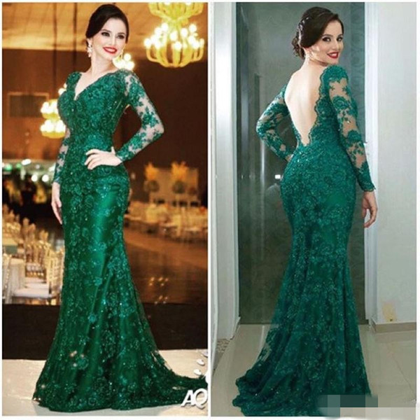 Emerald Green Prom Dresses Sexy V Neck Backless Long Sleeve Evening Wear Puls Size For Mother of the Bride Dress Party Gowns