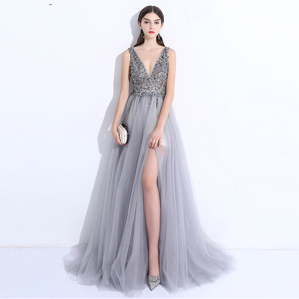 Sexy silver split prom dresses Luxurious crystals beaded deep V neck backless cape sleeves formal evening party gowns wear 3138