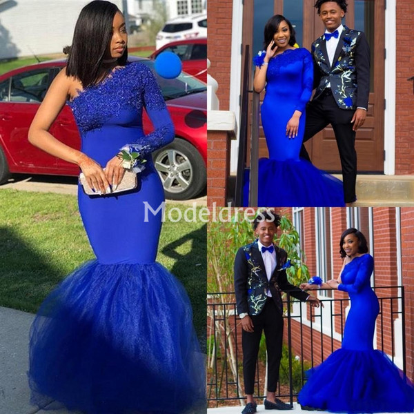 Arabric Royal Blue Mermaid Prom Dresses One Shoulder Black Girl Formal Party Evening Gown Appliques Stylish Vestidos De Fiesta Custom