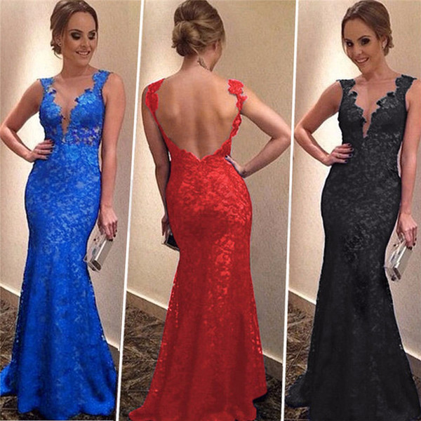 lace mermaid prom Dress new evening dresses with appliques sleeveless v neck lady sexy party wear