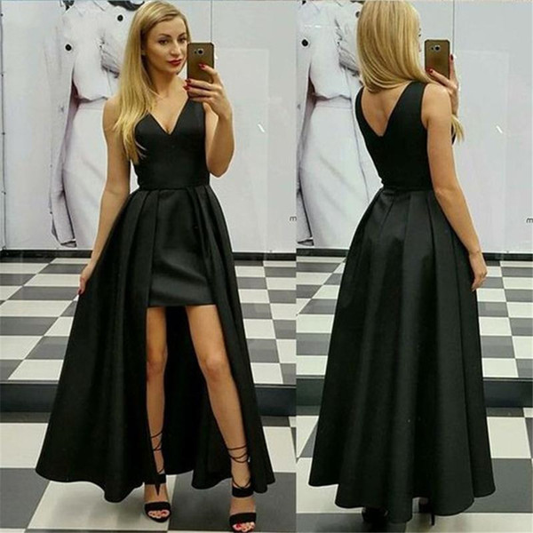 new little black prom Dress backless evening dresses deep v neck party gowns with over skirt cheap