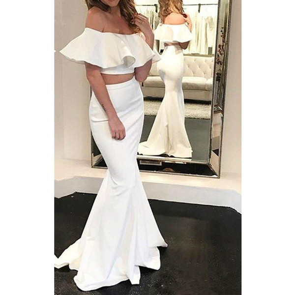 long Simple White Two pieces prom gown Floor length Satin Evening Prom Dress Ruffles White Mermaid Prom dress Women Party dress