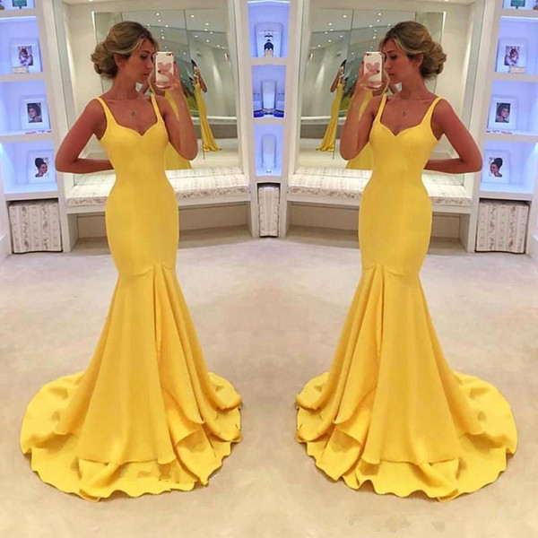 Yellow prom Dress new mermaid evening dresses with spaghetti sweep train lady sexy party wear