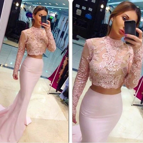 Pink long sleeves Two pieces prom gown sweep train Evening Prom Mermaid Women Party dress with lace appliques