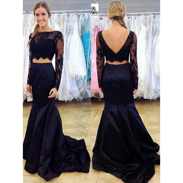 Black Two pieces prom dress long sleeves sweep train Evening gowns Mermaid backless Women Party dress with lace appliques