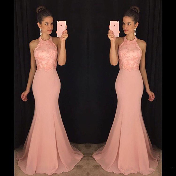 Pink sleeveless prom dresses lace appliques top mermaid evening gowns woman formal party dresses backless