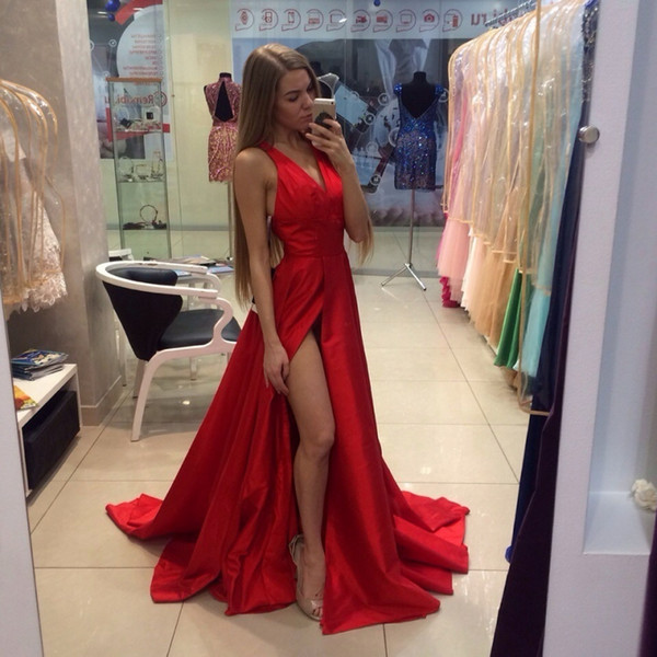 red sexy prom dresses deep v neck sleeveless evening dress front split A line party gowns