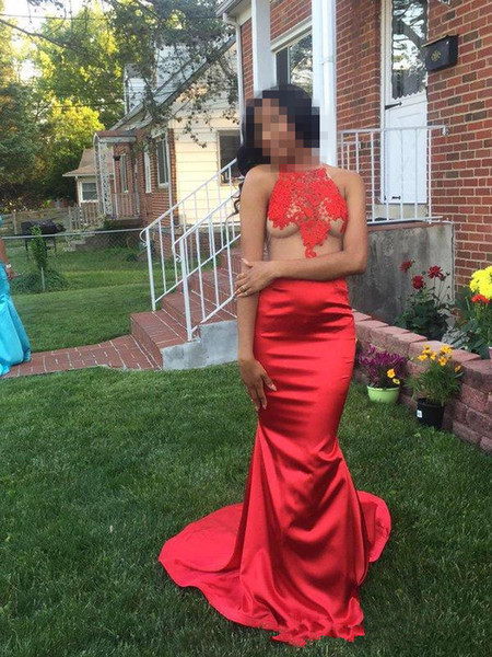 Custom Made 2017 Black Girl Sexy See Through Red Prom Dresses Long Mermaid Halter Neck Illusion Appliqued Mesh Party Dresses Backless