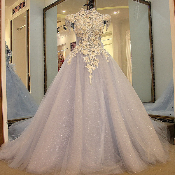 Formal Evening Gowns Dresses Lace Up Back Short Sleeves High Neck Beaded Lace Ball Gown Long Evening Dress Light Blue Prom