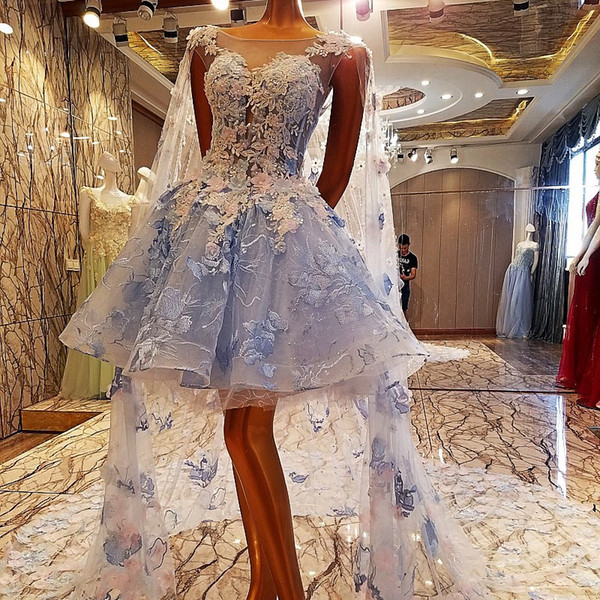 Short Formal Evening Dresses With Long Cape Appliques Lace Sleeveless O Neck Knee-Length Prom Dresses Blue Real Photos Party