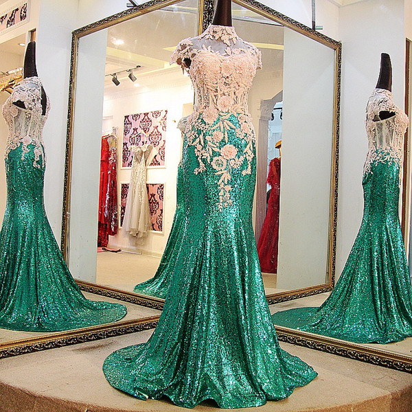 Shiny Long Sequin Gown Long High Neck Mermaid Evening Gown Cap Sleeves Corset Back Sexy Green Long Prom Dress Newest Classic Style