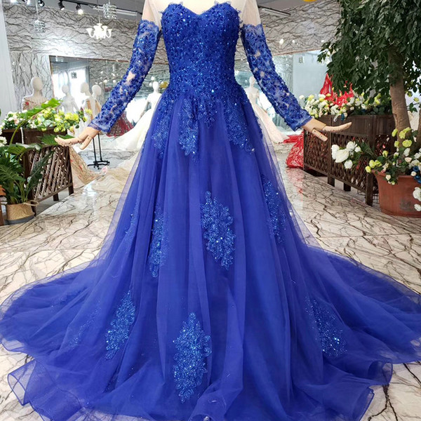 New Style Sexy Evening Dresses Long Illusion Sleeve Sweetheart Neck Evening Gowns 50cm Train Off Shoulder Backless Applique Prom Dress