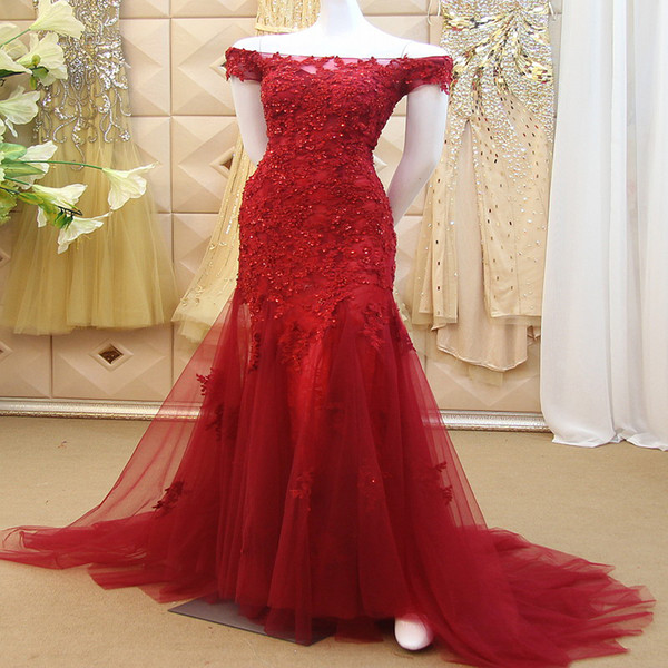 Mermaid Prom Dresses Red Lace-Up Formal Evening Dresses Off The Shoulder Long Party Dress Luxury Mermaid Long Red Lace Evening Dress