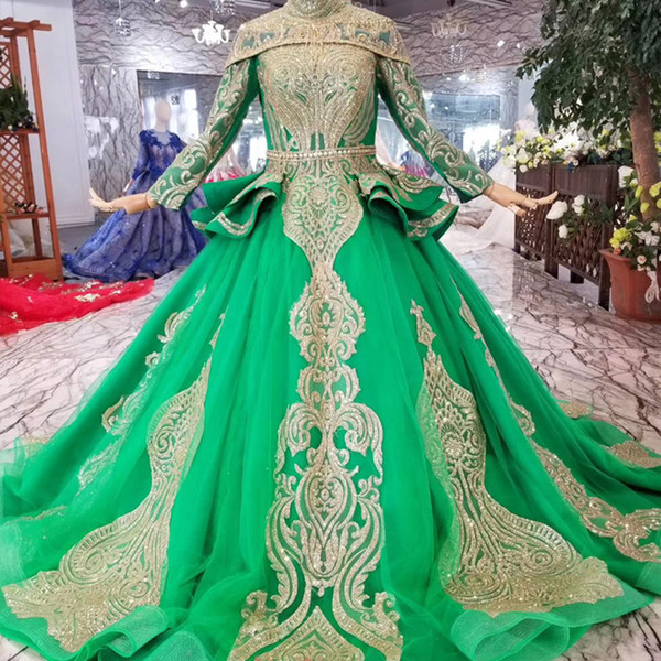 Green Muslim Evening Dress With Detachable Shoulder Chain High Neck Long Sleeves Special Women Occasion Prom Dress Court Train Saudi Arabia