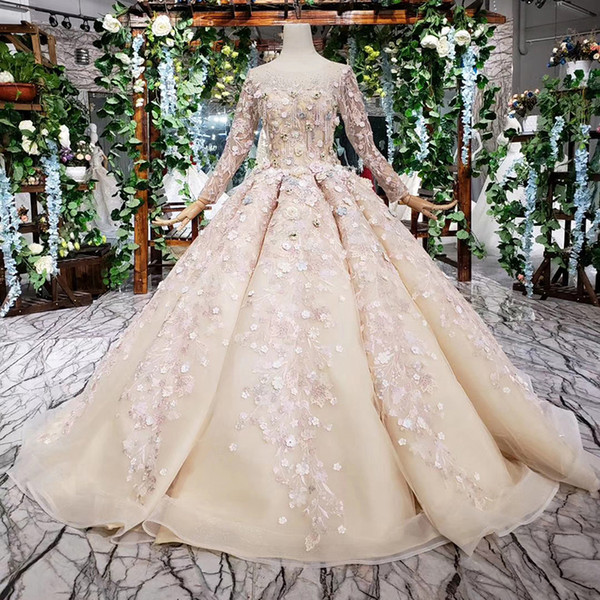 2022Latest Design Muslim Prom Dresses Multicolor Hand Made 3D Flowers Applique Lace Up Back Long Tulle Sleeve Crystal Pearl Formal Gowns