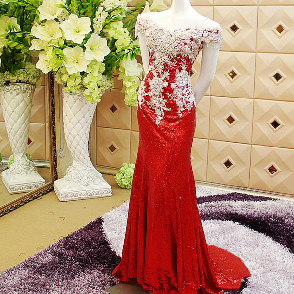 Latest Elegant Prom Dresses Bateau Neck Short Sleeve Lace Up Back Cheap Hand Made 3D Floral Applique Pattern Sequins Evening Gowns