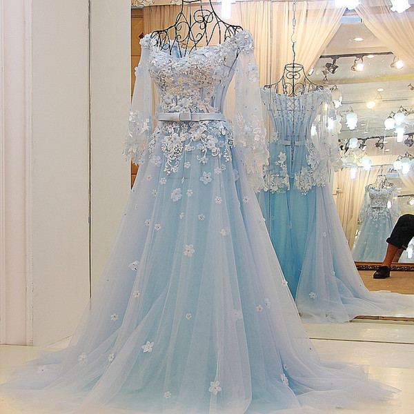 Women Long Dress Evening Party Sweetheart Floor Length Long Evening Prom Dress with Flowers Light Blue 100% Real Photo