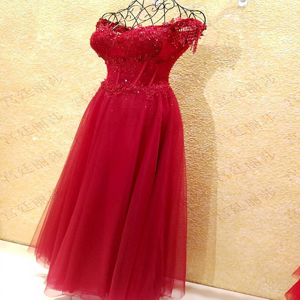 Newest Red Party Prom Dresses Lace Up Back Floor Length Tulle Off The Shoulder Red Long Evening Dresses Tassel Quinceanera Dresses