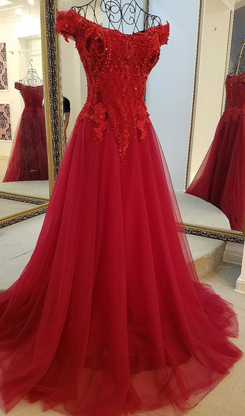 Classic Style Evening Dresses With Crystals Off The Shoulder Sweetheart Corset Back Beach Red Tulle Short Sleeve Guest Prom Dresses