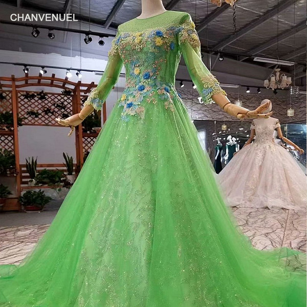 Multicolor Sequins Prom Dresses Long Tulle Sleeve Lace Up Back Hand Made 3D Floral Applique Illusion Neckline Cocktail Party Gowns