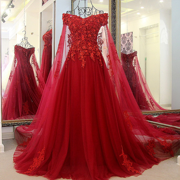 Elegant Long Evening Dress With Long Cape Tulle Floor Length Off The Shoulder Corset Back A Line Prom Dresses Wine Red