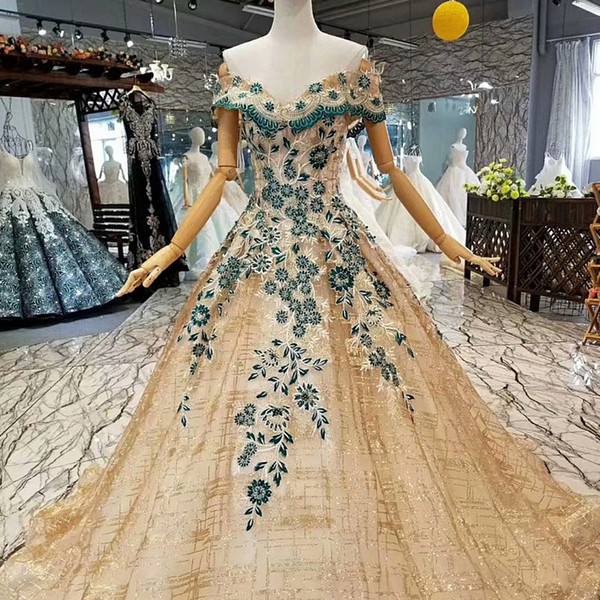 Golden Cheap Prom Dresses Off The Shoulder V Neck Green Flowers Floor Length Ball Gown Women Occasion Prom Dress Girls Party Dresses