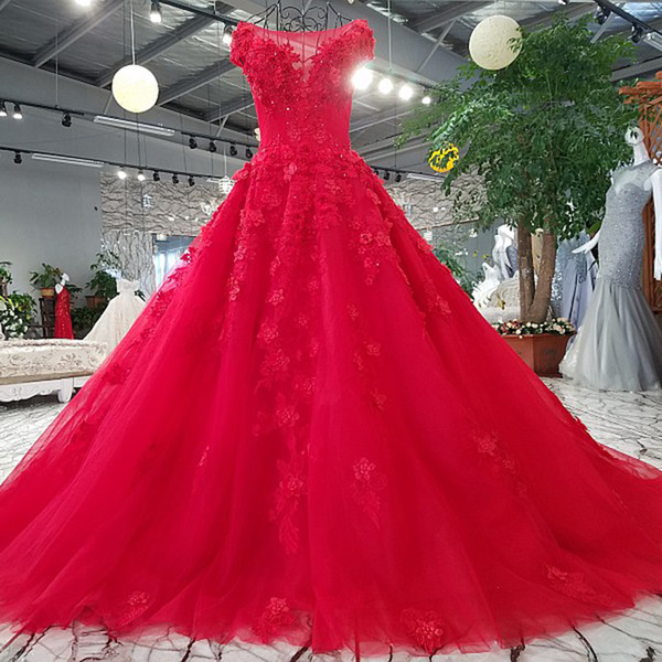 Latest Lebanon Luxury Red Evening Dresses Lace Up Back Illusion V Neck Hand Made 3D Floral Applique Sequin Crystal Pattern Prom Gowns