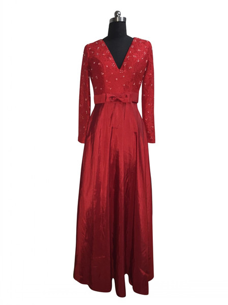 Elegant Red V Neck Prom Dress with Long Sleeve Special Floor Length Above Lace Taffeta Party Dresses vestido longo