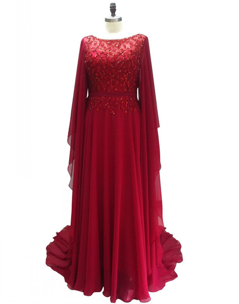 Burgundy Formal Dress Elegant O Neck Beaded See Through Floor Length Chiffon Prom Dresses vestido formatura