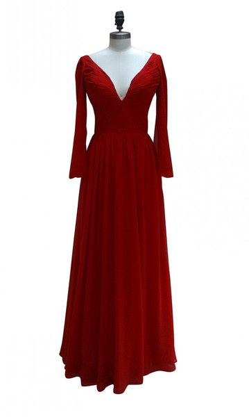 Red Long Chiffon Prom Dress Simple Custom Made V Neck Back Pleat Woman Formal Evening Gowns Dresses with Long Sleeve