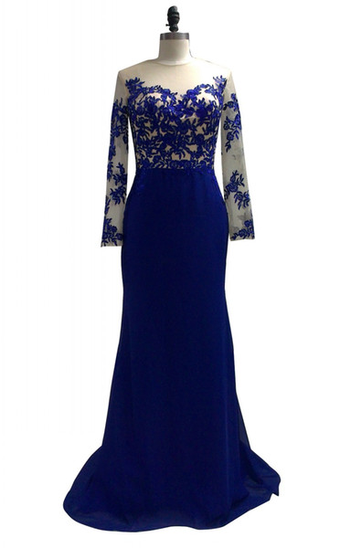 Hot Royal Blue Long Chiffon Woman Formal Dresses Charming Long Sleeves Appliqued Prom Dress vestidos de festa