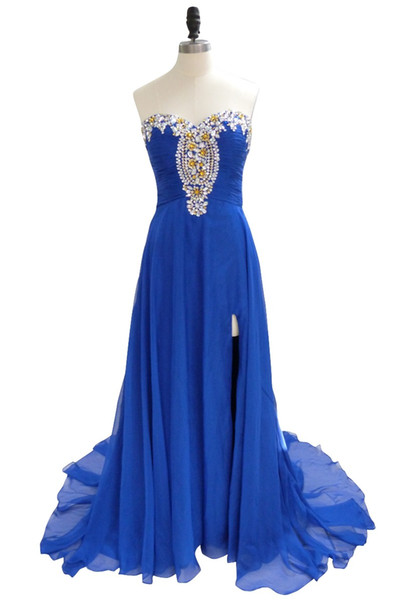 Special Style Blue Dress for Prom Night Elegant Sweetheart Beaded Chiffon Floor Length Side Slit Prom Gown