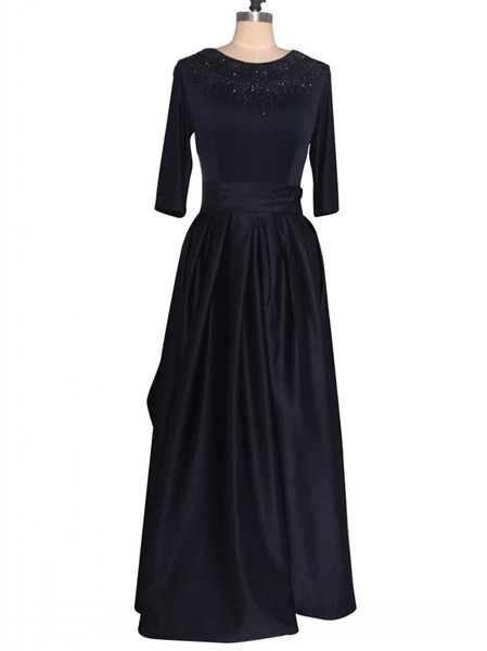 New Fashion Navy Blue Prom Dress Three Quarter Sleeves Charming Floor Length Beaded Satin Evening Night Gowns Real Photos