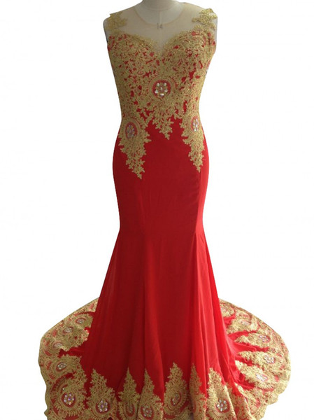 Hot Red Gold Applique Prom Dress Vintage See Through O Neck Rhinestones Evening Party Dresses Custom Made 