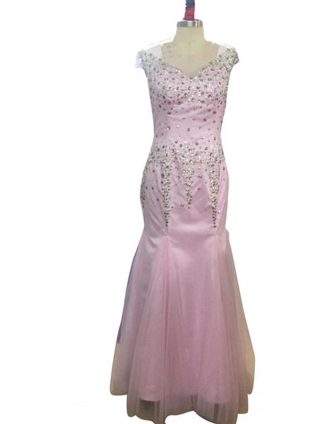 Light Pink Mermaid Rhinestone Prom Dresses Sexy Floor Length Cap Sleeves O Neck Dress for Prom Party