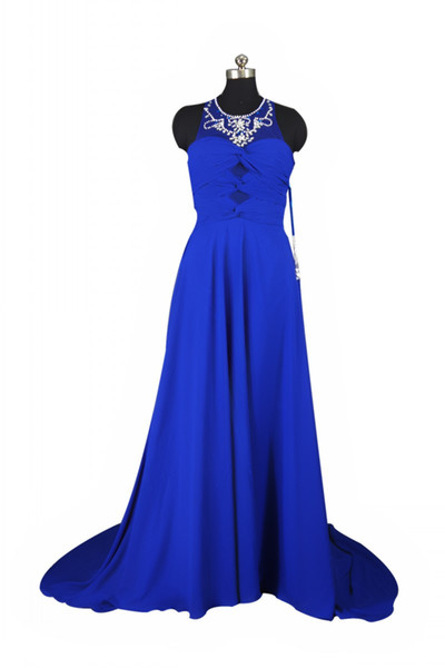 Sparkly Crystals Prom Dress New Arrival Blue Pleat Floor Length Chiffon Woman Evening Formal Gown Dresses Good Design