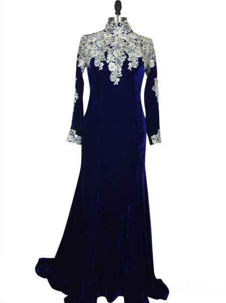 Royal Blue Velvet Prom Dress Charming Woman Long Sleeves High Neck Mermaid Evening Foraml Party Gown vestido formatura