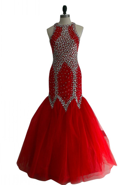 Great Design Red Mermaid Woman Formal Party Dress Hot Crystals Floor Length Tulle Prom Dresses vestido formatura longo