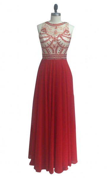 Vintage Red Beaded Prom Dress Sexy See Through Long Chiffon Woman Formal Evening Gowns vestidos de formatura