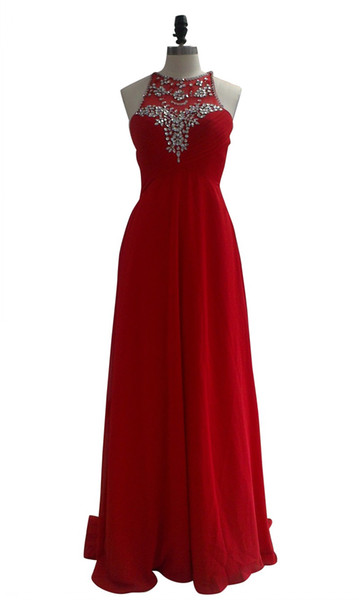 Hot Red Prom Dress with Crystals Vintage Custom Made Long Pleat Chiffon Party Dresses Good Design