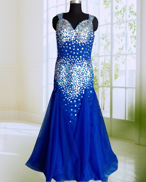 Royal Blue Mermaid Prom Dress Hot Design Vintage Crystals Long Open Back Tulle Evening Dresses Luxury Style