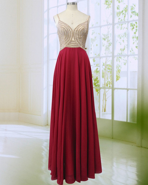 Hot Red Beaded Crystals Prom Dresses Beautiful Custom Made Spaghetti Straps Backless Long Chiffon Formal Evening Gowns