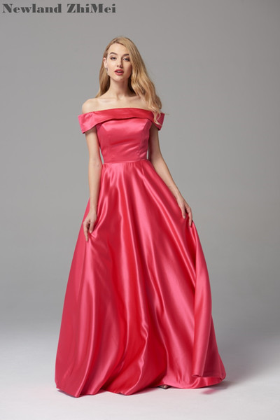 Fuchsia Pink Long Prom Dresses Sexy Off the Shoulder Boat Neck A Line Satin Evening Party Dress vestidos de gala 