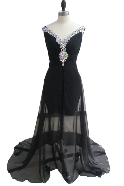 Black See Through Woman Formal Gown Sparkly Rhinestones V Neck Prom Dresses Custom Made Custom Made