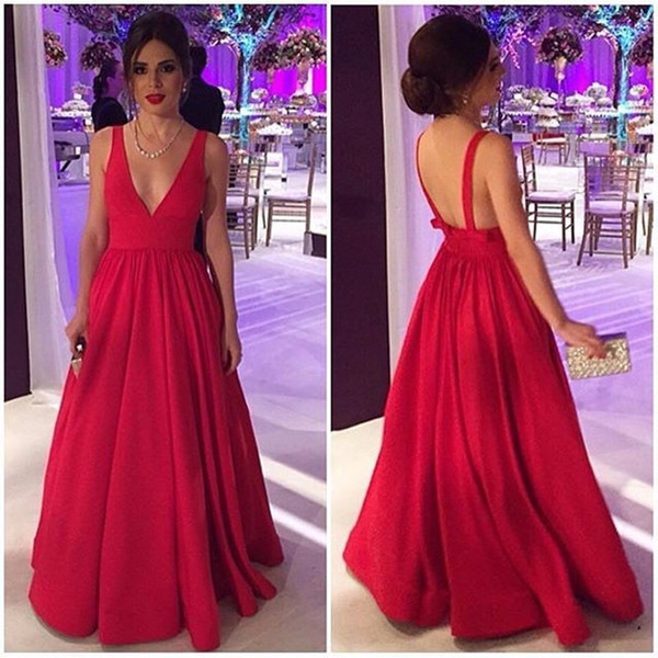 Cheap V Neck Pageant Dresses Sexy Long A Line Prom Dress Hot Red Backless Women Evening Party Gown