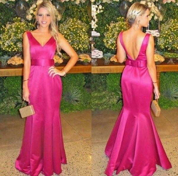 Simple Rose Red Mermaid Formal Gown Dress Elegant V Neck Floor Length Satin Prom Dresses with Bow vestido formatura longo