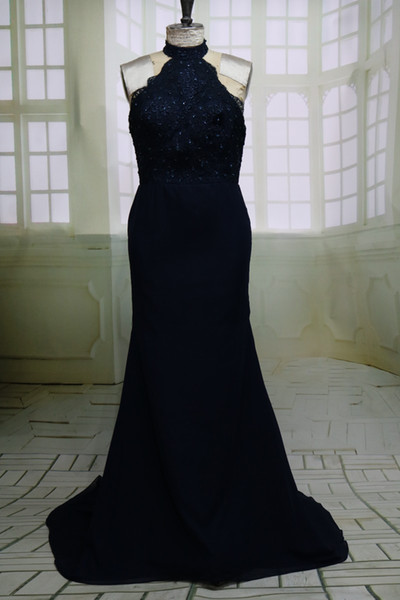 Navy Blue Long Backless Prom Dress New Design Halter Beaded Chiffon Woman Evening Formal Gowns with Appliqued Train