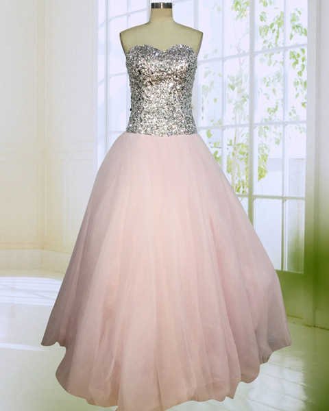 Sparkling Light Pink Ball Gown Prom Dress Sexy Sweetheart Backless Beaded Sequin Tulle Evening Party Dresses 