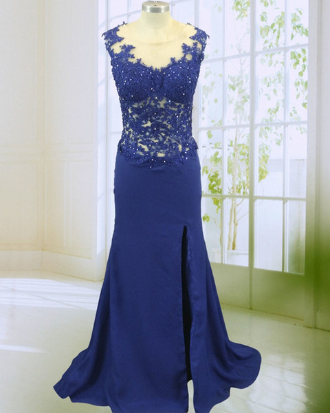 Sparking Blue Prom Dress Sexy Side Slit Beaded Applique Long Chiffon See Through Woman Formal Evening Gowns